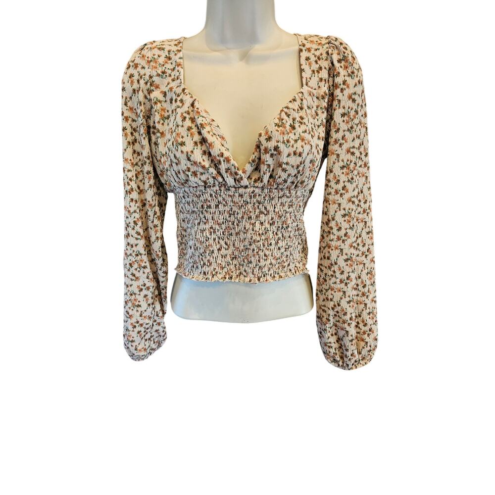 NWT Bloomfield L neutral floral puff blouse long sleeve crop top sexy v neck